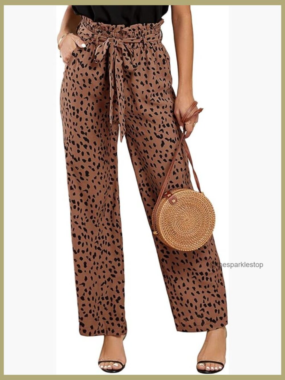High Waisted Leopard Print Palazzo Pants Belted Wide Leg Trousers with Pockets